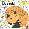 ItÃ¢â¬â¢s cold card with a cute sleeping fox. Childish winter background Royalty Free Stock Photo